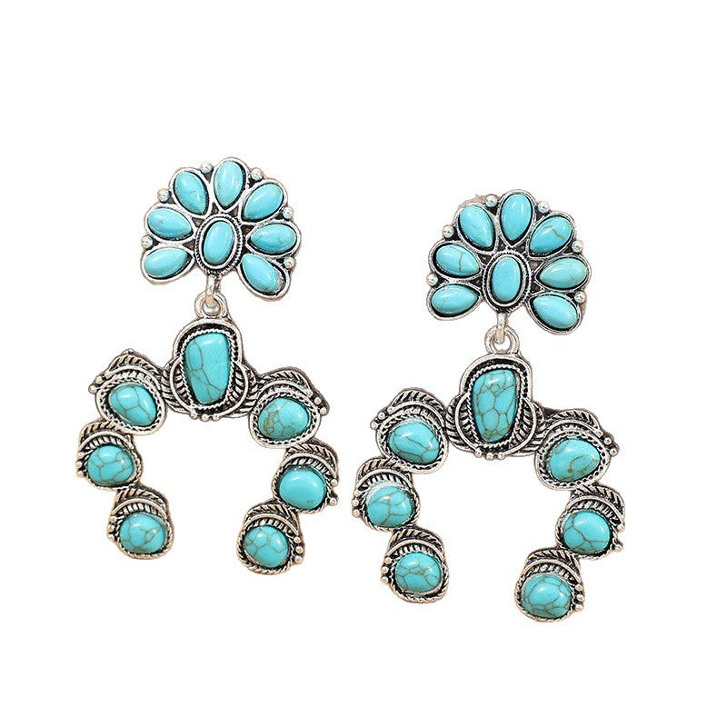Ethnic Style Pumpkin Drop Earrings In Silver Featuring Alloy And Zinc Alloy Ear Pins With Turquoise Inlay