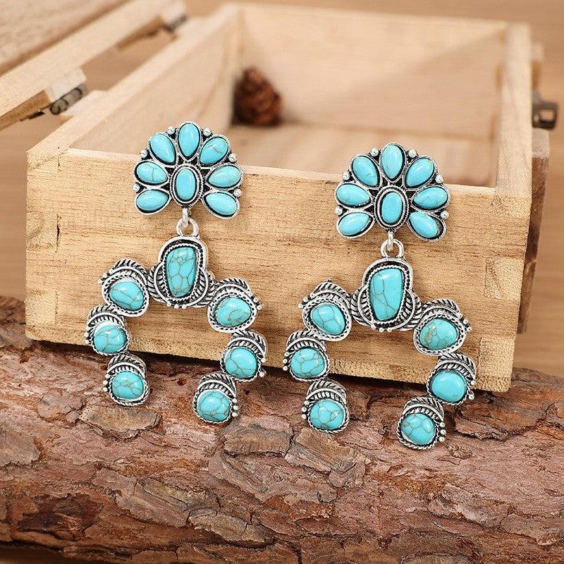 Ethnic Style Pumpkin Drop Earrings In Silver Featuring Alloy And Zinc Alloy Ear Pins With Turquoise Inlay