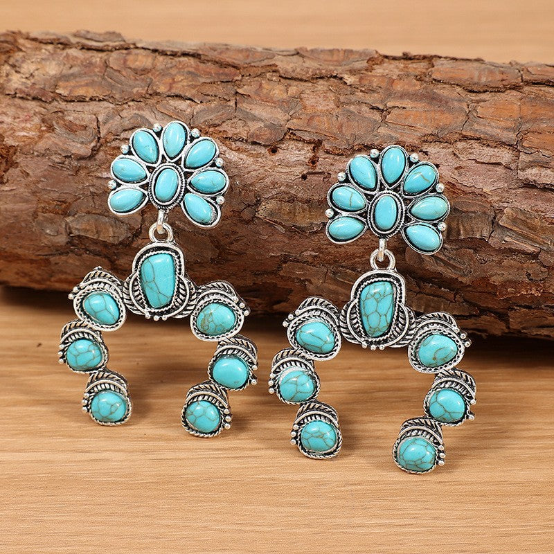 Ethnic Style Pumpkin Drop Earrings In Silver Featuring Alloy And Zinc Alloy Ear Pins With Turquoise Inlay