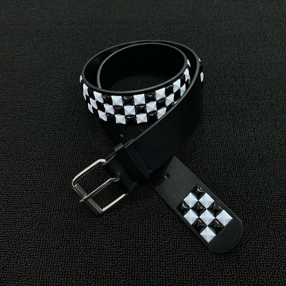 Unisex Checkered PU Leather Belt With Alloy Pin Buckle In Black & White