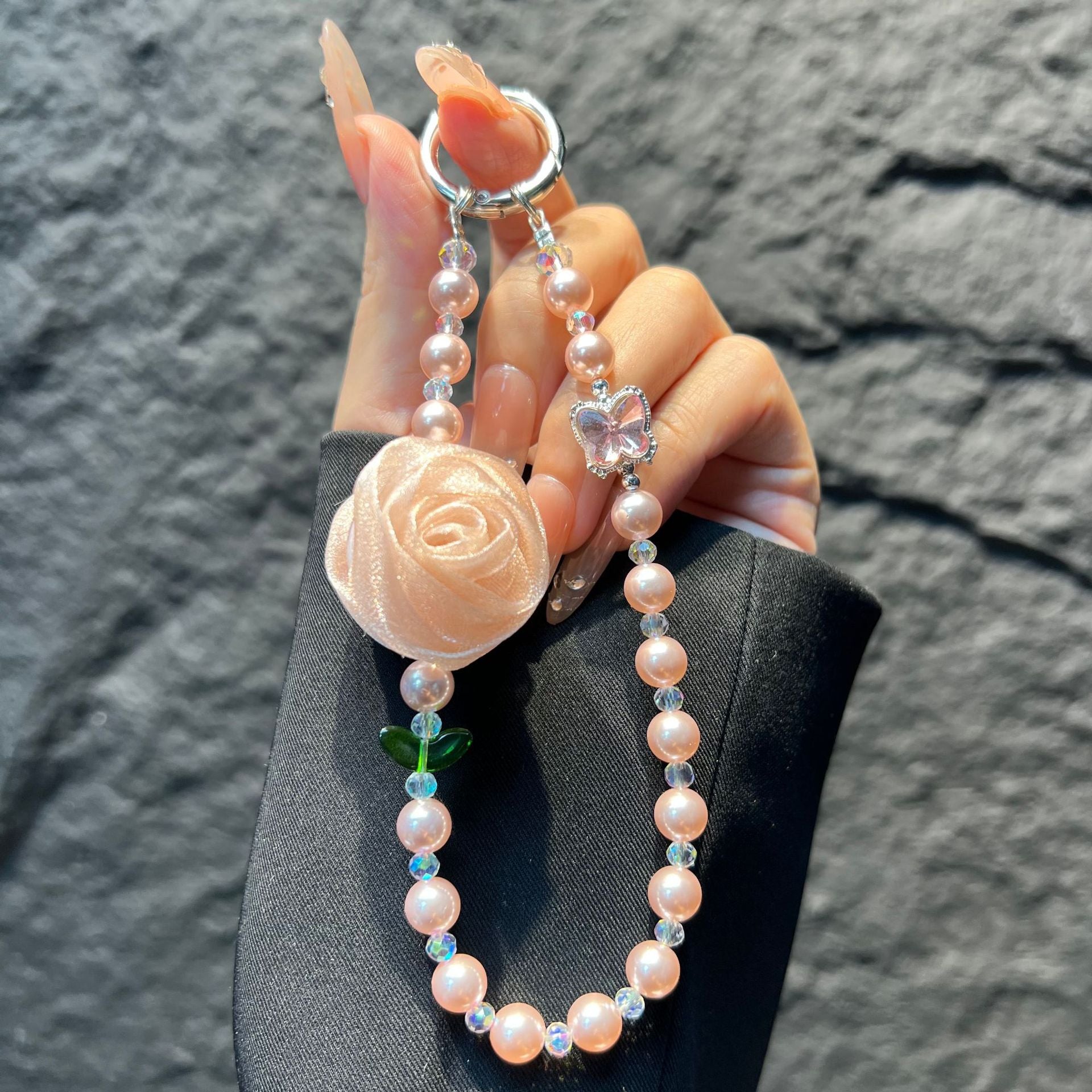 Handmade Lace Knitting Mobile Phone Chain With Artificial Pearl In Natural Pink