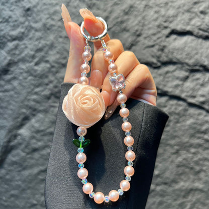 Handmade Lace Knitting Mobile Phone Chain With Artificial Pearl In Natural Pink