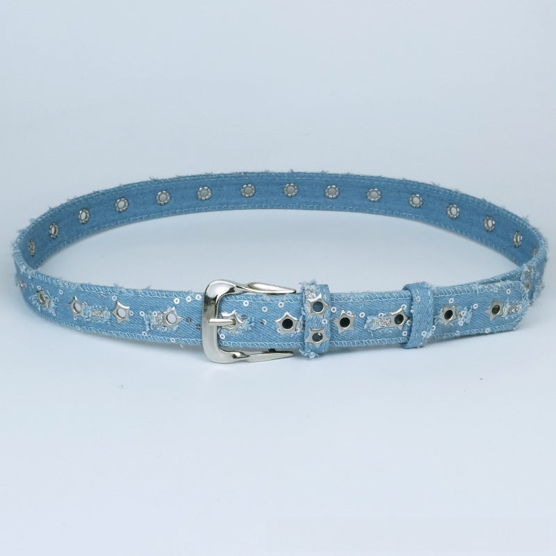Women’s Denim Belt With Alloy Pin Buckle Featuring Sequins Detail