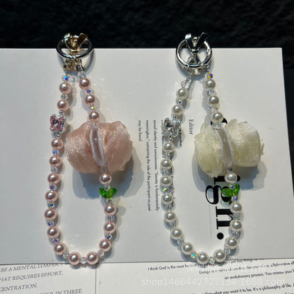 Handmade Lace Knitting Mobile Phone Chain With Artificial Pearl In Natural Pink