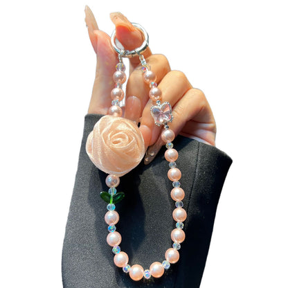 Handmade Lace Knitting Mobile Phone Chain With Artificial Pearl In Natural Pink