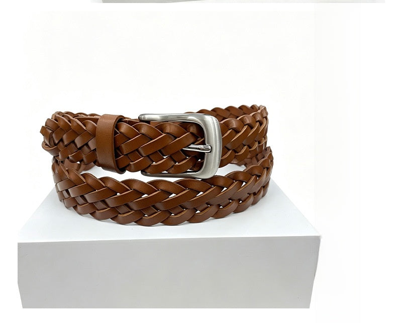 Retro Unisex Genuine Leather Braided Belt With Alloy Pin Buckle Featuring Solid Color Braid Finish