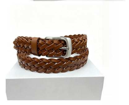 Retro Unisex Genuine Leather Braided Belt With Alloy Pin Buckle Featuring Solid Color Braid Finish
