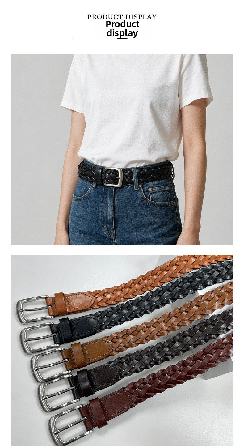 Retro Unisex Genuine Leather Braided Belt With Alloy Pin Buckle Featuring Solid Color Braid Finish
