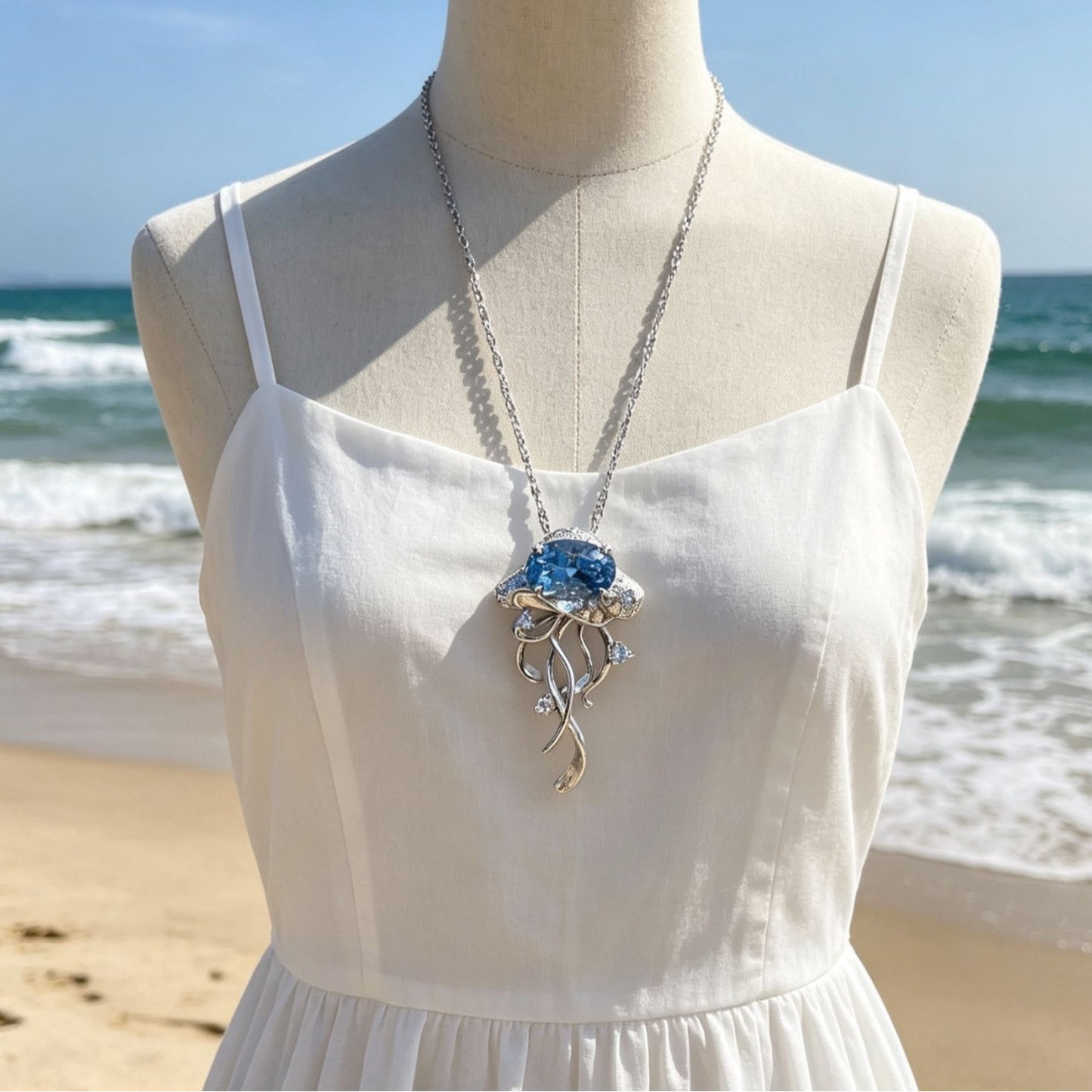 Sweet Ocean Blue Pendant Necklace For Women In Electroplated Alloy