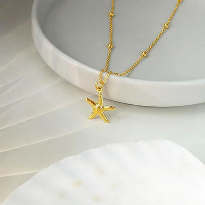 Starfish Necklace For Women In Marine Style With Real Gold Plated 304 Stainless Steel And Beaded Chain