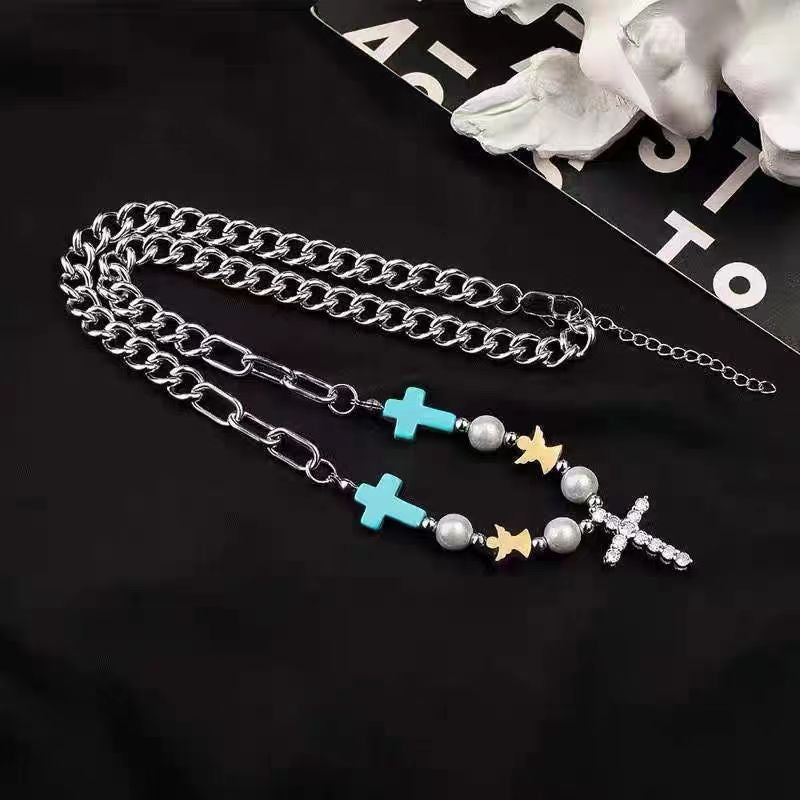 Silver Hip-Hop Cross Necklace For Women With Copper Pendant And Zircon Inlay, Stylish Alloy Chain