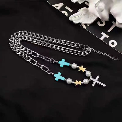 Silver Hip-Hop Cross Necklace For Women With Copper Pendant And Zircon Inlay, Stylish Alloy Chain