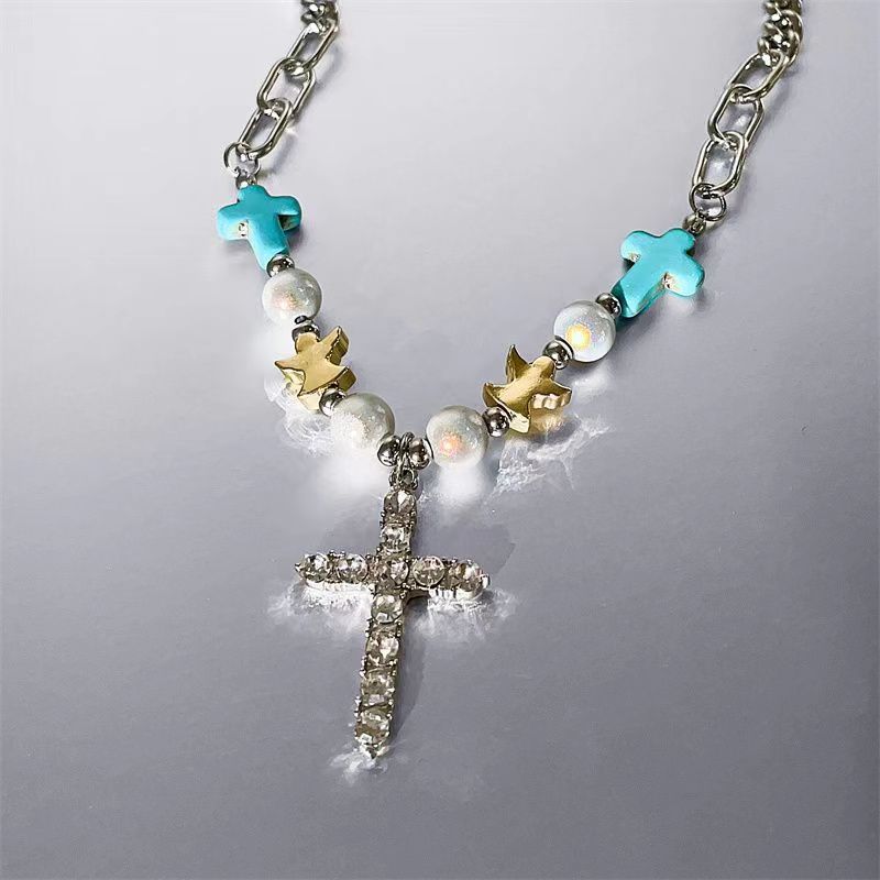 Silver Hip-Hop Cross Necklace For Women With Copper Pendant And Zircon Inlay, Stylish Alloy Chain