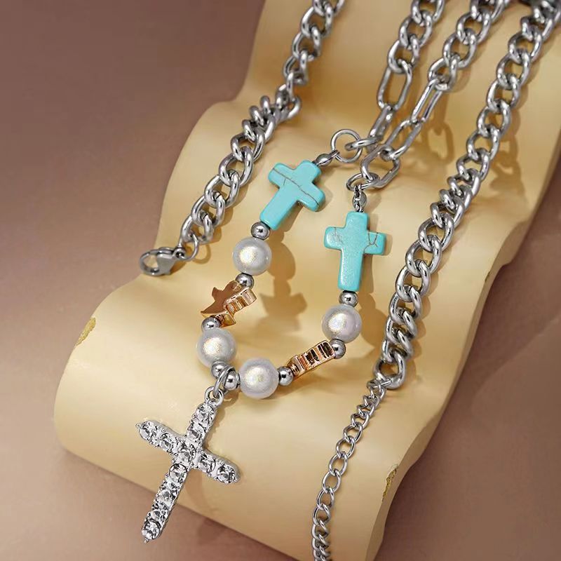 Silver Hip-Hop Cross Necklace For Women With Copper Pendant And Zircon Inlay, Stylish Alloy Chain