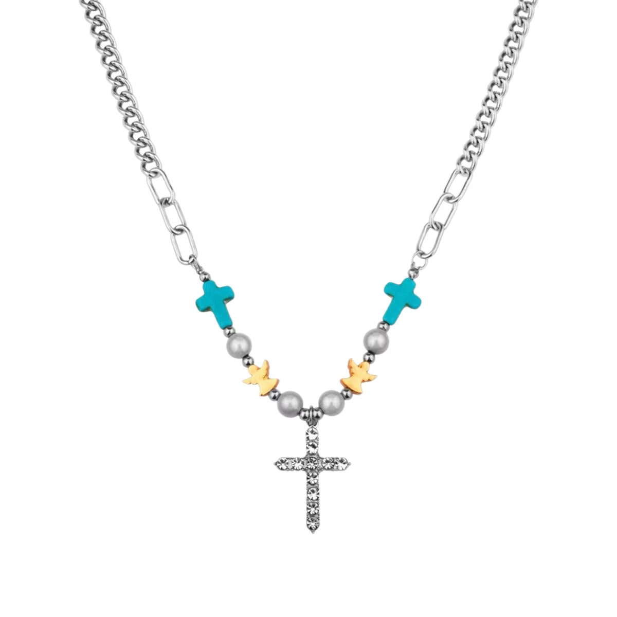 Silver Hip-Hop Cross Necklace For Women With Copper Pendant And Zircon Inlay, Stylish Alloy Chain
