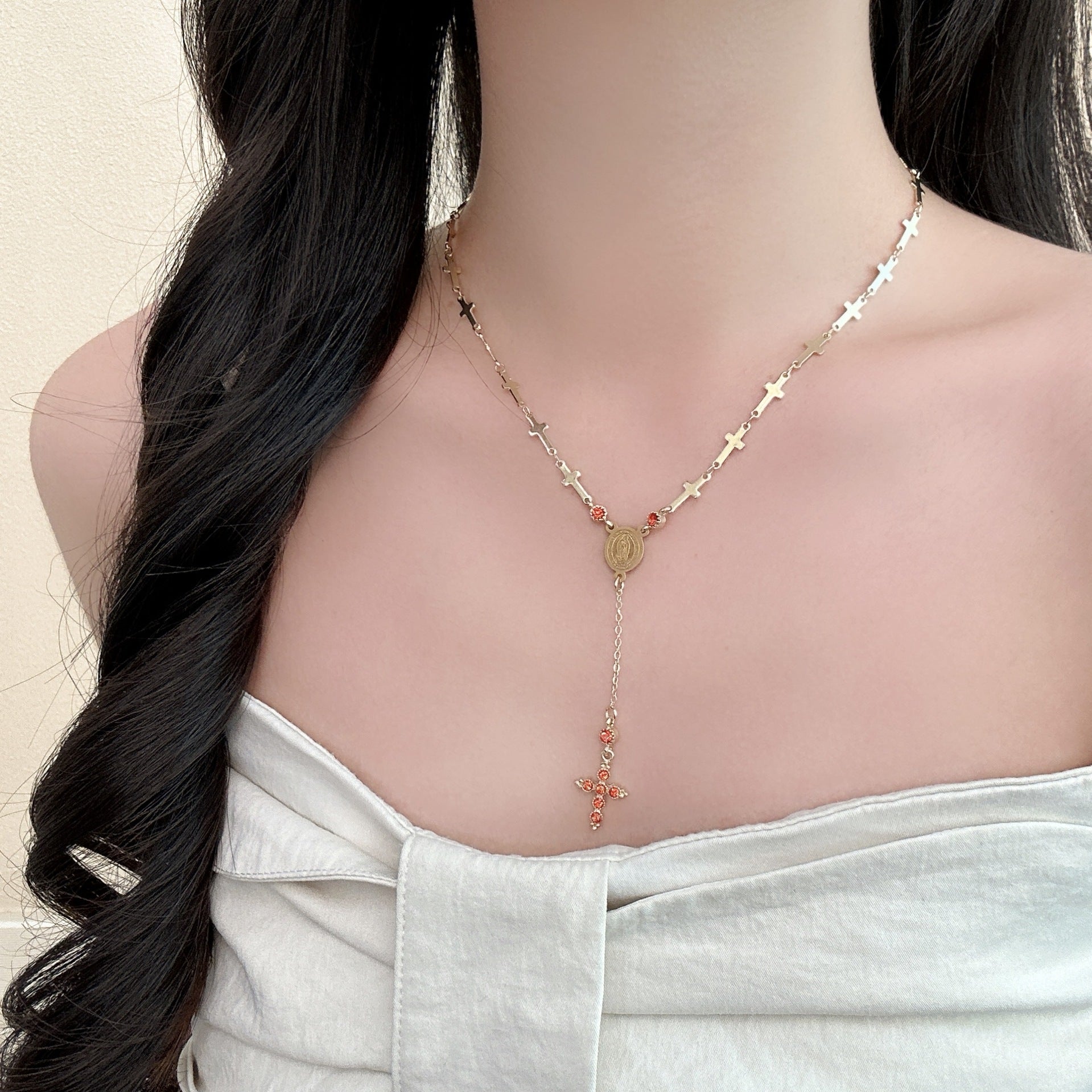 Vintage Style Gold Cross Necklace For Women In Copper With Zircon Inlay And Cable Chain