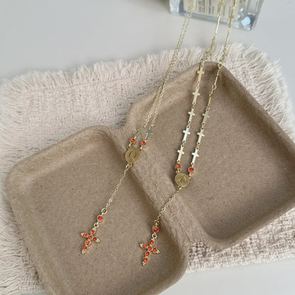Vintage Style Gold Cross Necklace For Women In Copper With Zircon Inlay And Cable Chain