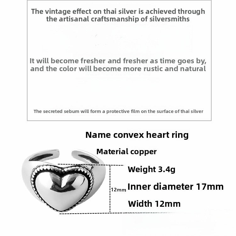 Vintage Style Heart Shape Wide Band Ring For Women In Antique Silver Plated Copper With Electroplated Finish
