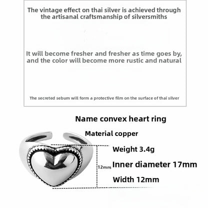 Vintage Style Heart Shape Wide Band Ring For Women In Antique Silver Plated Copper With Electroplated Finish