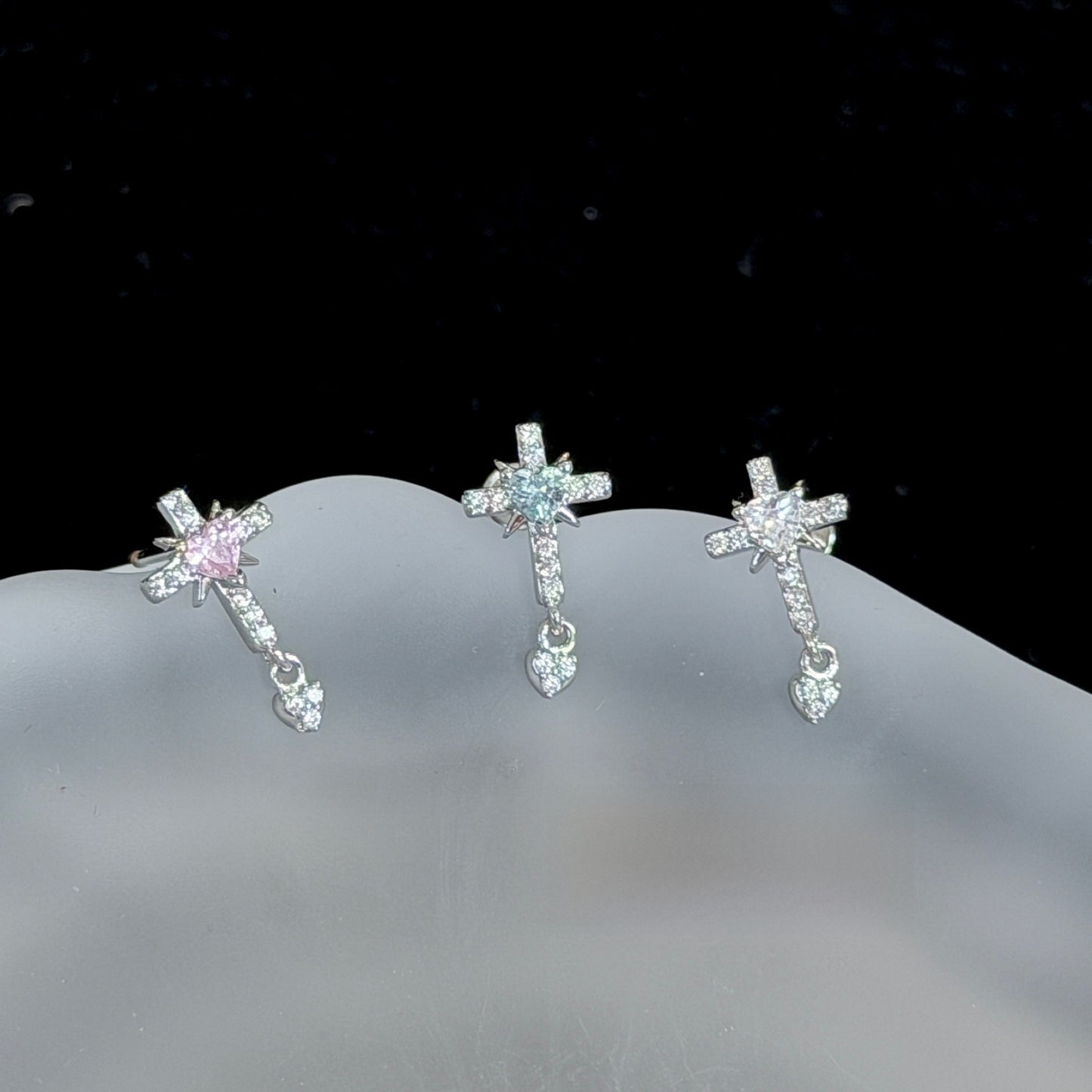 Cross Ear Cartilage Rings & Studs For Unisex In Blue Copper With Zircon And Real Gold Plated Finish