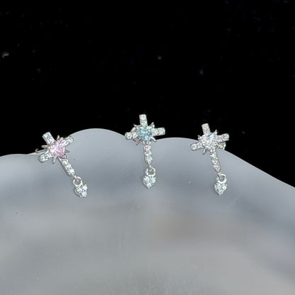 Cross Ear Cartilage Rings & Studs For Unisex In Blue Copper With Zircon And Real Gold Plated Finish