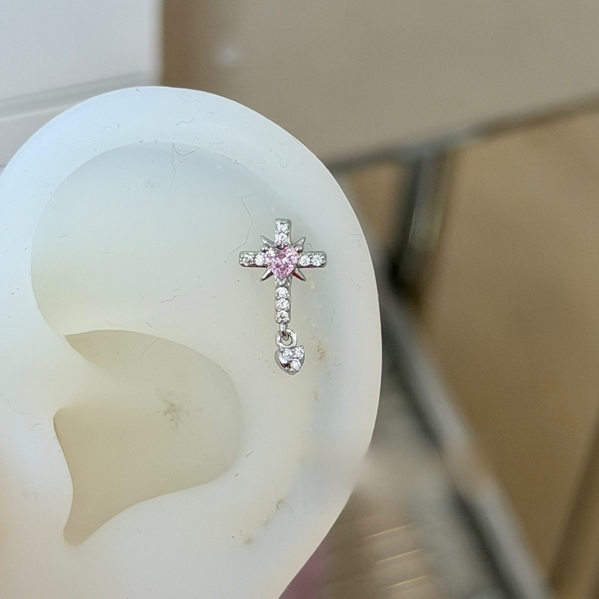 Cross Ear Cartilage Rings & Studs For Unisex In Blue Copper With Zircon And Real Gold Plated Finish