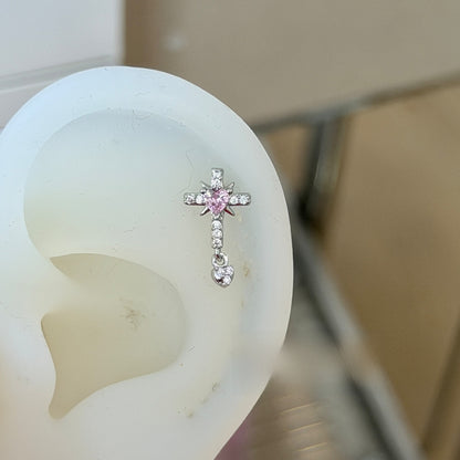 Cross Ear Cartilage Rings & Studs For Unisex In Blue Copper With Zircon And Real Gold Plated Finish