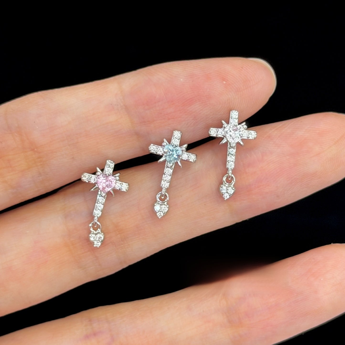 Cross Ear Cartilage Rings & Studs For Unisex In Blue Copper With Zircon And Real Gold Plated Finish