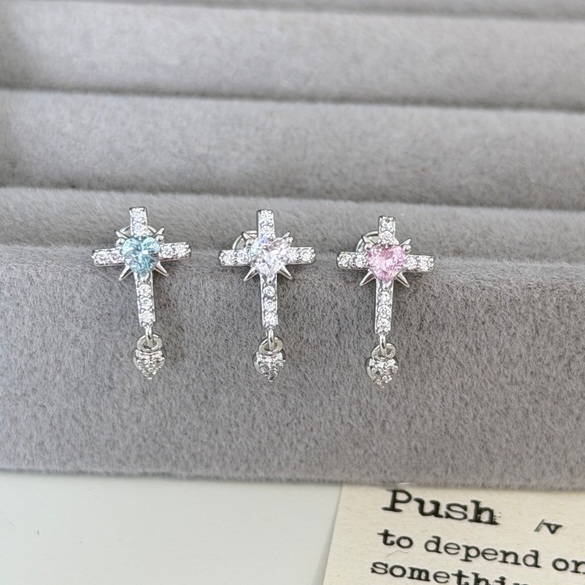 Cross Ear Cartilage Rings & Studs For Unisex In Blue Copper With Zircon And Real Gold Plated Finish