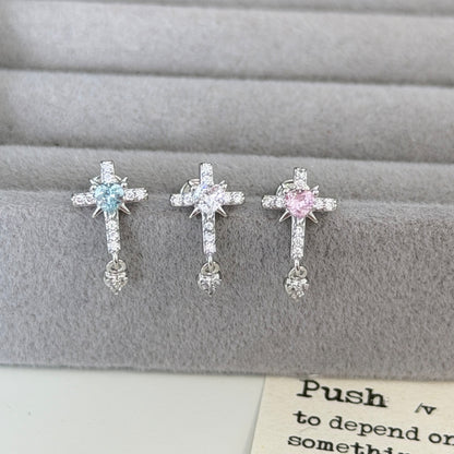 Cross Ear Cartilage Rings & Studs For Unisex In Blue Copper With Zircon And Real Gold Plated Finish