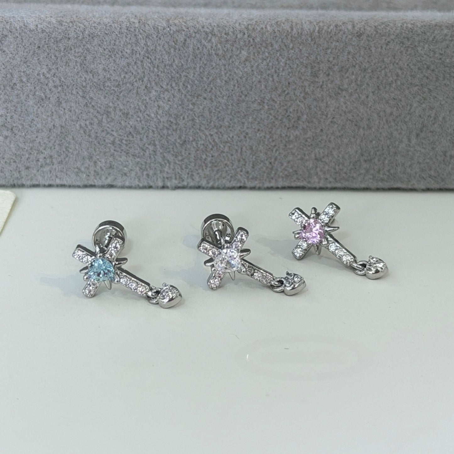 Cross Ear Cartilage Rings & Studs For Unisex In Blue Copper With Zircon And Real Gold Plated Finish