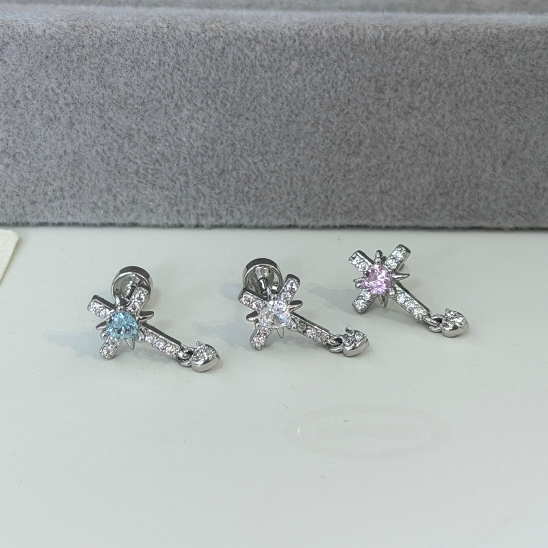 Cross Ear Cartilage Rings & Studs For Unisex In Blue Copper With Zircon And Real Gold Plated Finish