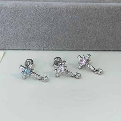 Cross Ear Cartilage Rings & Studs For Unisex In Blue Copper With Zircon And Real Gold Plated Finish