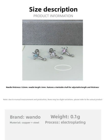 Cross Ear Cartilage Rings & Studs For Unisex In Blue Copper With Zircon And Real Gold Plated Finish