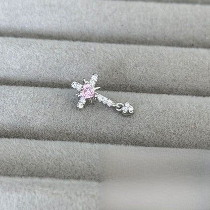 Cross Ear Cartilage Rings & Studs For Unisex In Blue Copper With Zircon And Real Gold Plated Finish