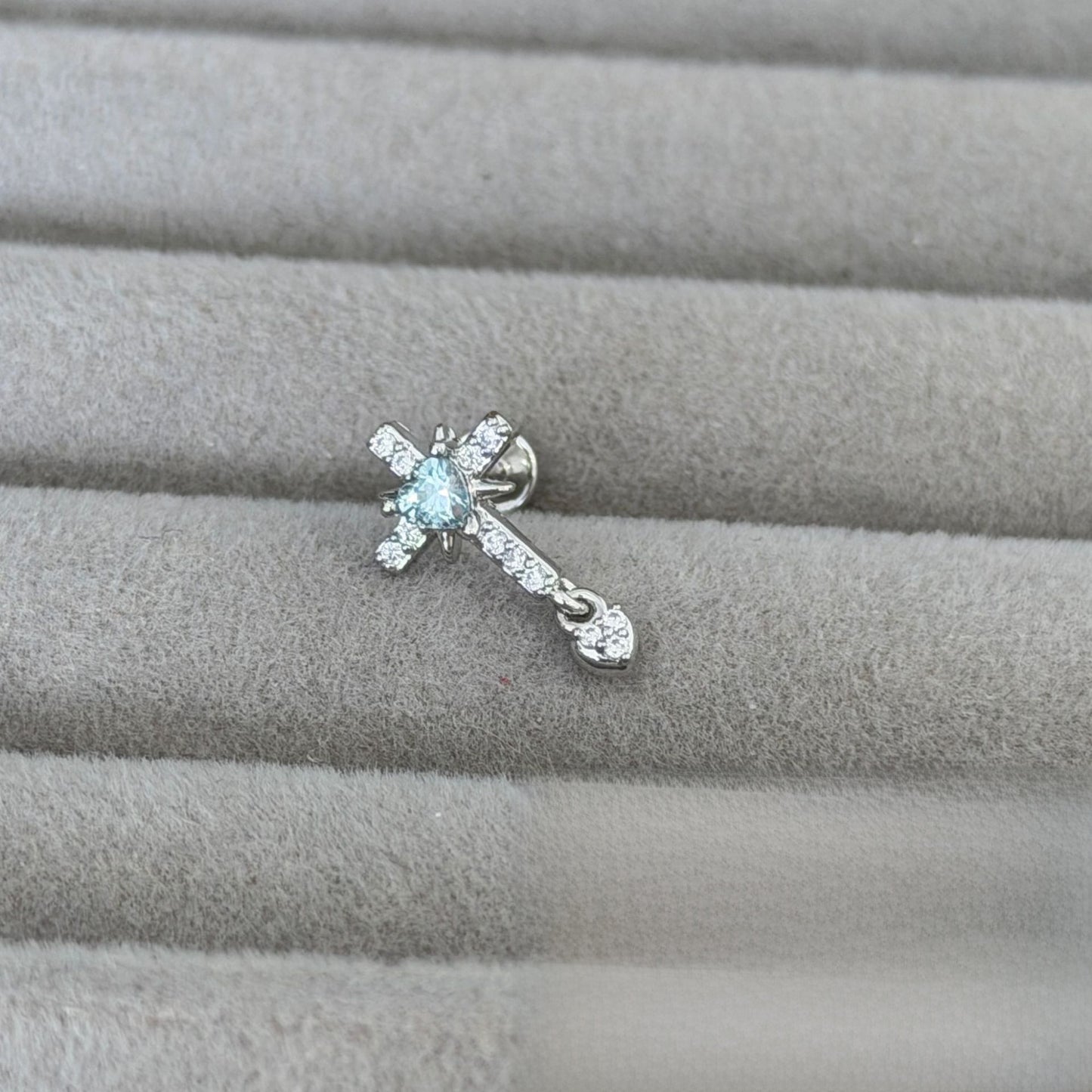 Cross Ear Cartilage Rings & Studs For Unisex In Blue Copper With Zircon And Real Gold Plated Finish