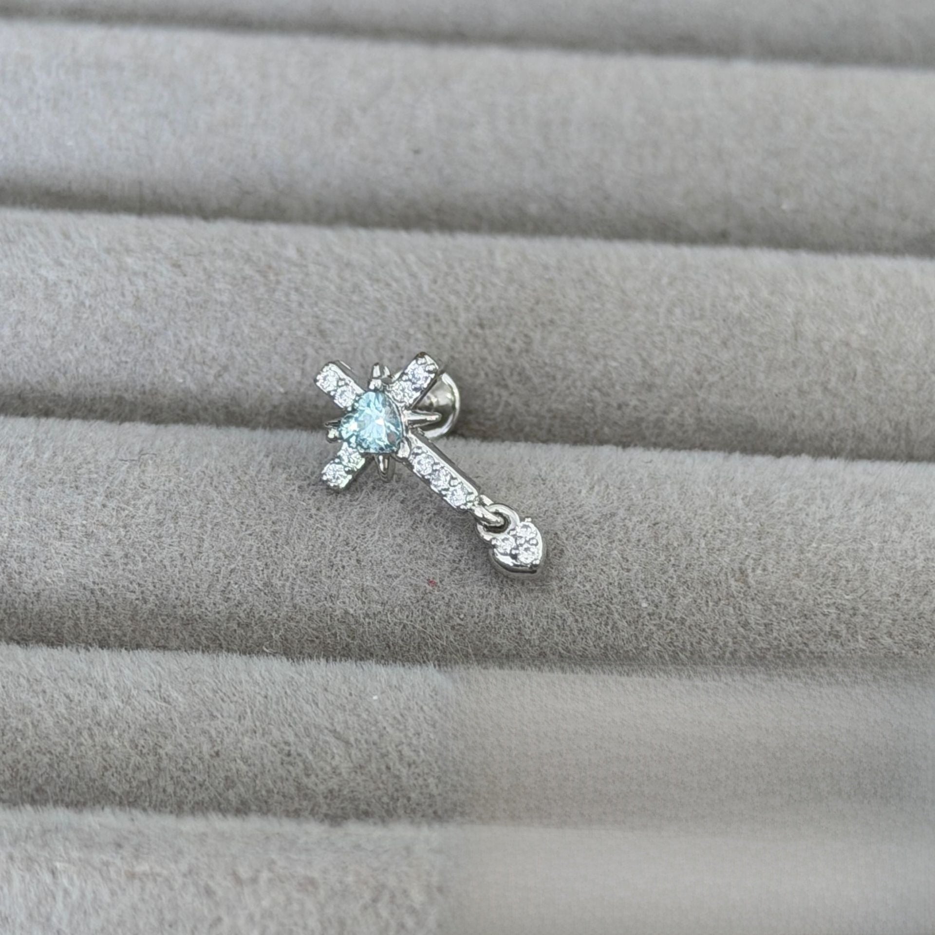 Cross Ear Cartilage Rings & Studs For Unisex In Blue Copper With Zircon And Real Gold Plated Finish
