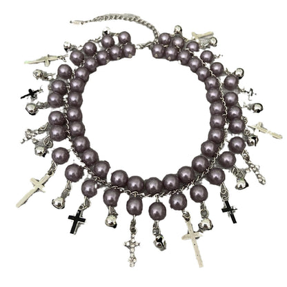 Cross Beading Choker Necklace In Grey Alloy, Unisex Design Featuring Durable Pendant Material