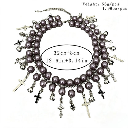 Cross Beading Choker Necklace In Grey Alloy, Unisex Design Featuring Durable Pendant Material