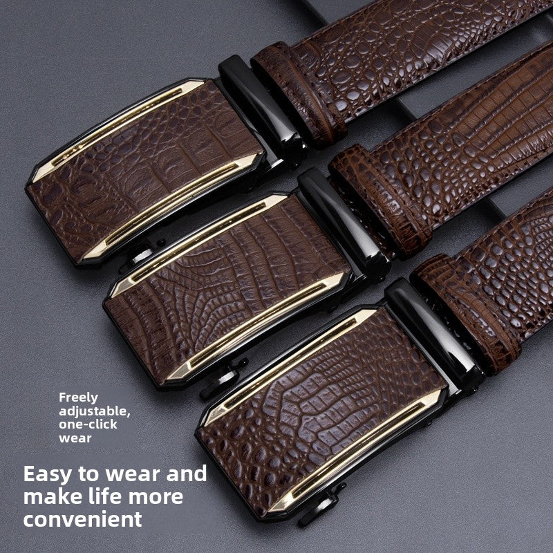 Crocodile Genuine Leather Men's Business Belt With Alloy Automatic Buckle (No-Hole) For A Stylish Look