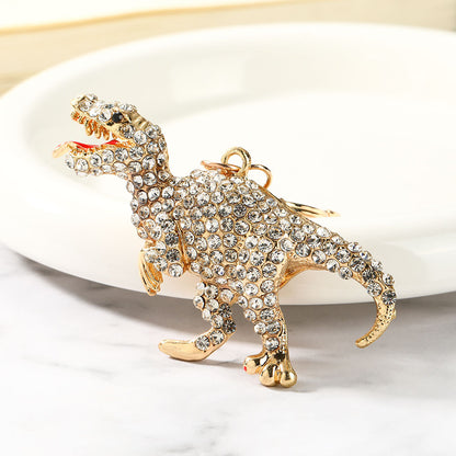 New Year Dinosaur Key Chain In White With Rhinestones, Zinc Alloy Bag Charm Accessory
