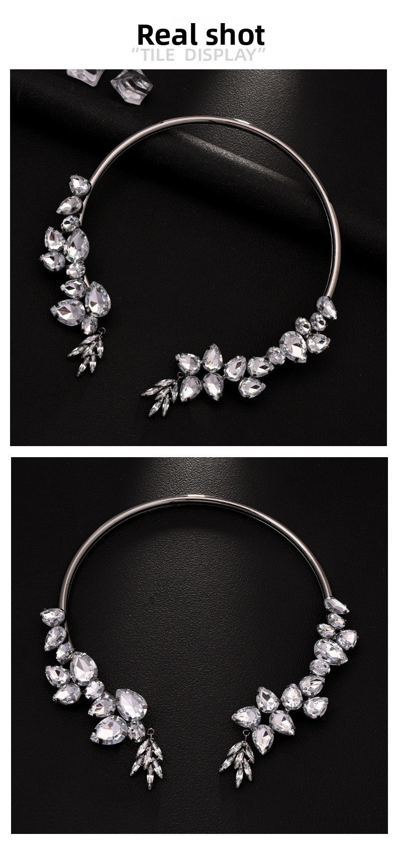 Water Droplets Dyed Black Alloy Choker Necklace For Women With Electroplated Finish And Rhinestone Pendant