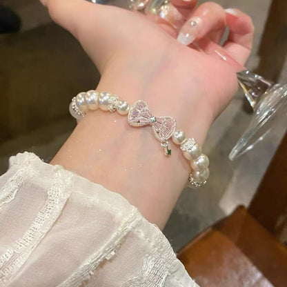 Sweet Women’s Beaded Bracelet With Peach Pattern On Elastic String Featuring Crystal Material