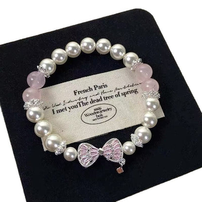 Sweet Women’s Beaded Bracelet With Peach Pattern On Elastic String Featuring Crystal Material