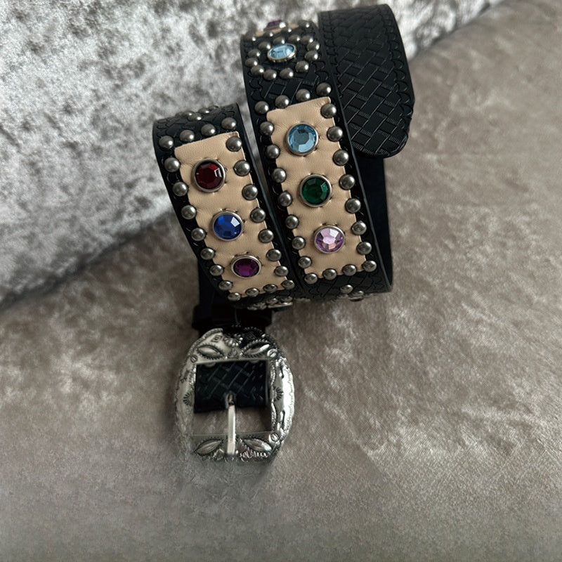 Cowboy Style Gem Belt For Unisex In Dyed Black PU Leather With Alloy Buckle