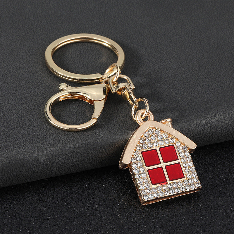 New Year Red House Key Chain With Rhinestones In Zinc Alloy Featuring Bag Charm Design