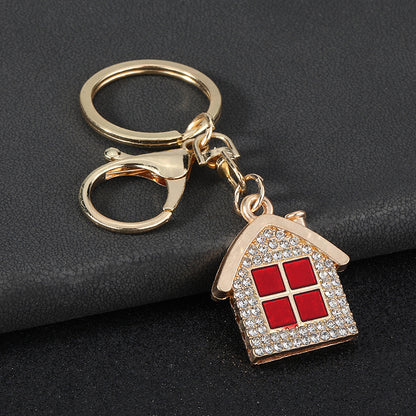 New Year Red House Key Chain With Rhinestones In Zinc Alloy Featuring Bag Charm Design