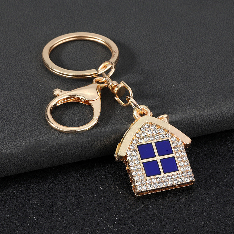 New Year Red House Key Chain With Rhinestones In Zinc Alloy Featuring Bag Charm Design