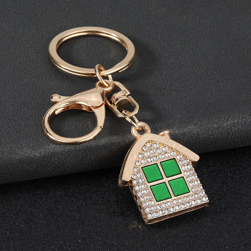 New Year Red House Key Chain With Rhinestones In Zinc Alloy Featuring Bag Charm Design