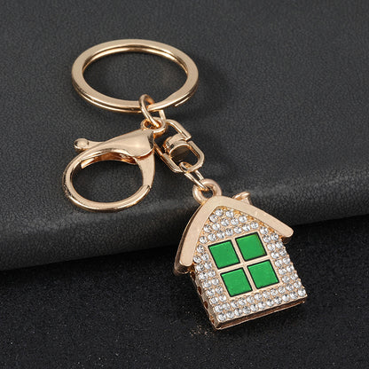 New Year Red House Key Chain With Rhinestones In Zinc Alloy Featuring Bag Charm Design